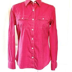 LL Bean Small pink polka dot top long sleeved shirt, button up, 3 pos. sleeves